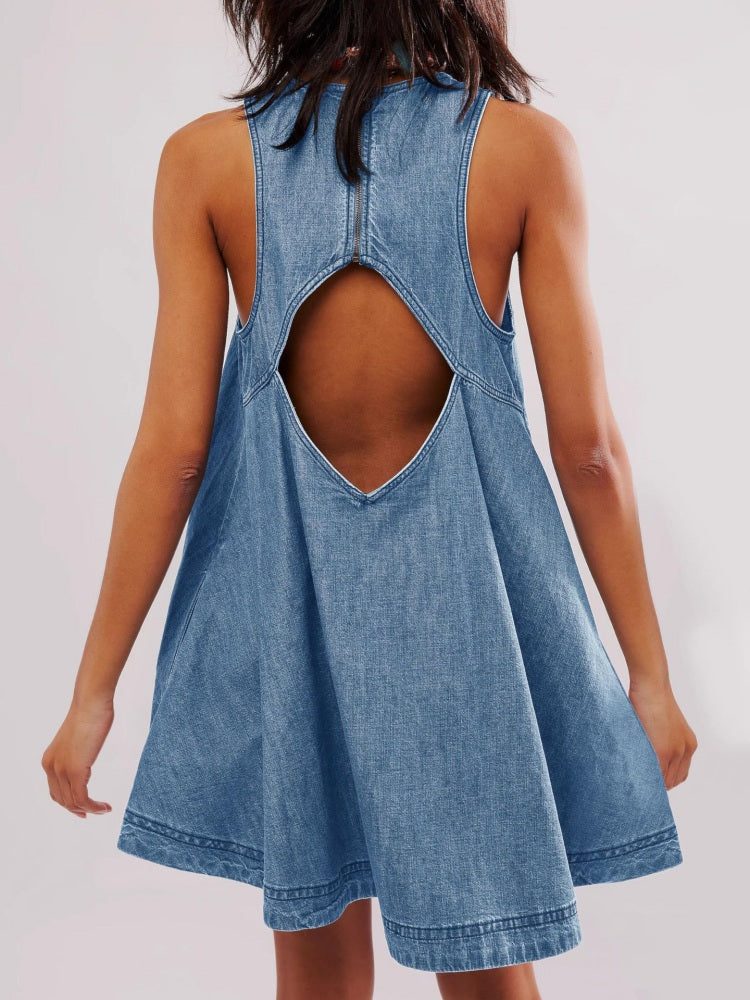 High Neck Sleeveless Denim A-Line Center Seam Mini Dress