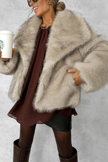 Collared Open Front Winter Faux Fur Coat