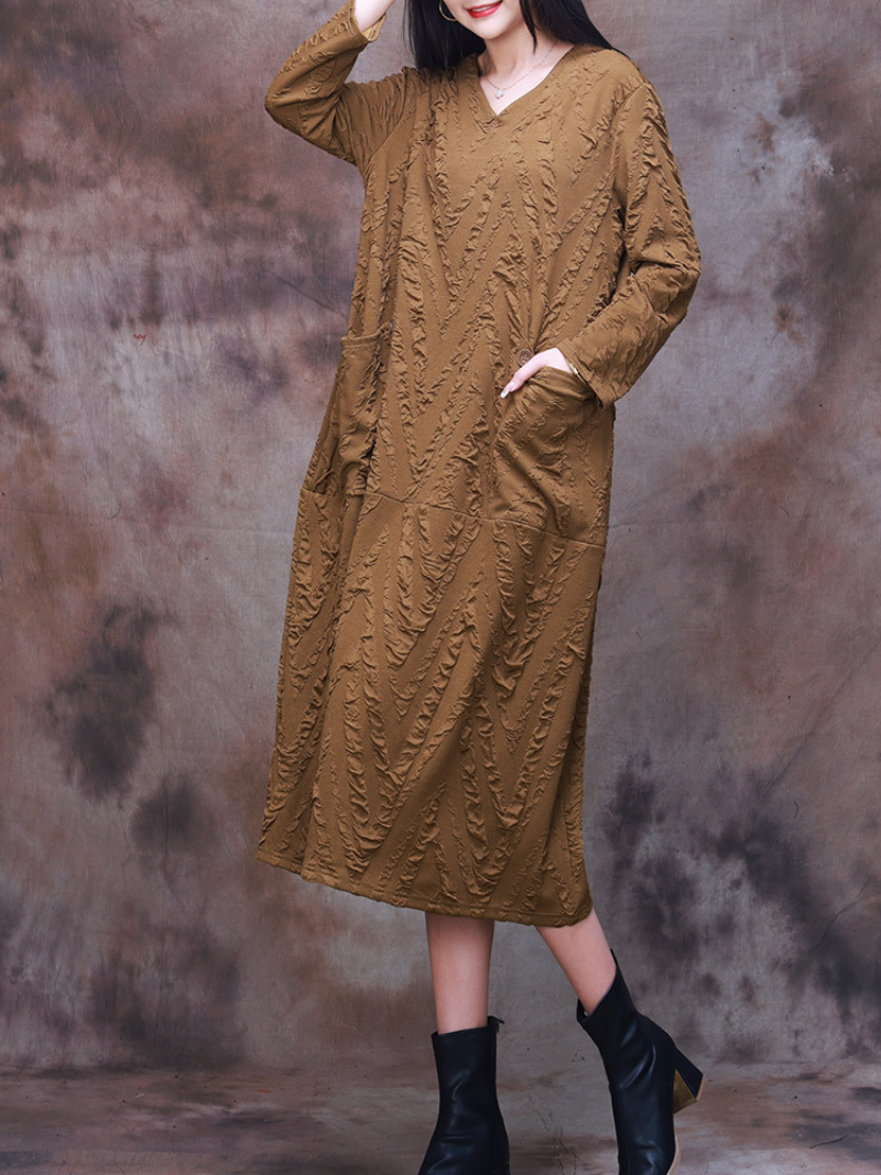 V Neck Long Sleeve Chevron Crinkle Texture Patch Pocket Midi Dress