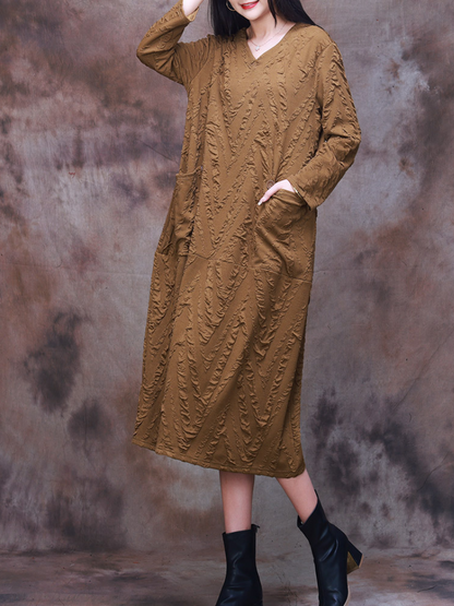 V Neck Long Sleeve Chevron Crinkle Texture Patch Pocket Midi Dress