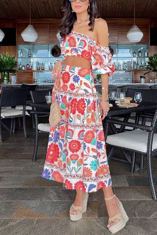 Puff Sleeves Back Cut Out Floral Print Crop Top