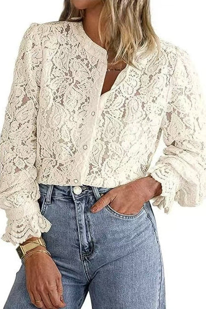 Ruffle Long Sleeves Button Up Lace Shirt