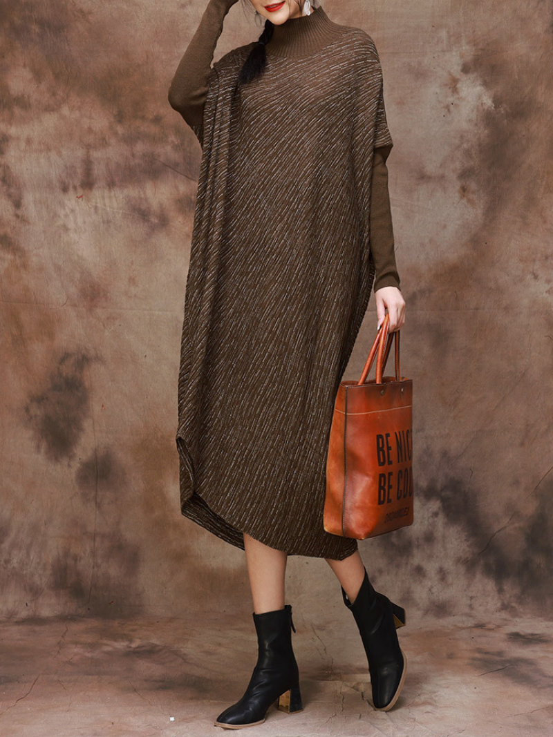 Mock Neck Batwing Sleeve Diagonal Rib Asymmetrical Hem Oversized Midi Sweater Dress