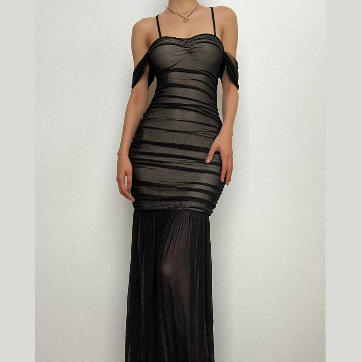 Off-Shoulder Ruched Mesh Contrast Panel Mermaid Hem Maxi Dress