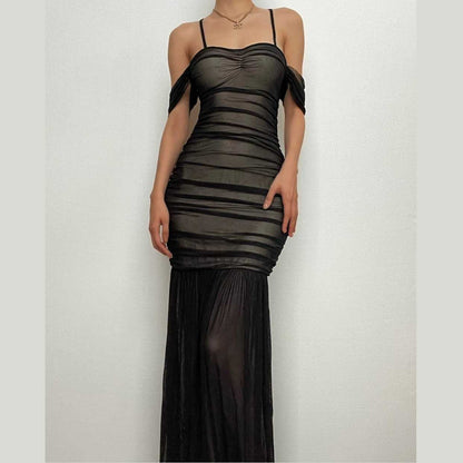 Off-Shoulder Ruched Mesh Contrast Panel Mermaid Hem Maxi Dress