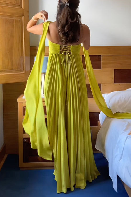 Strapless Back Lace-up Pleated Maxi Dress