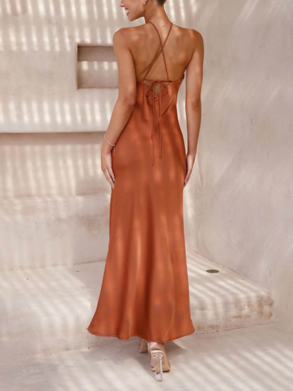 Halter Neck Spaghetti Strap Satin Column Midi Dress