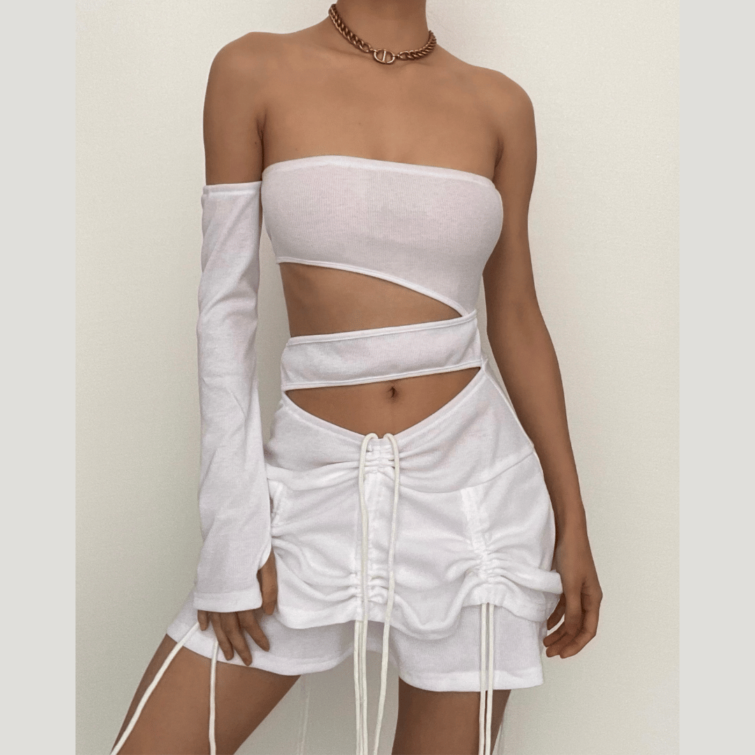 Off Shoulder Cutout Ruched Drawstring One Sleeve Mini Skirt Set