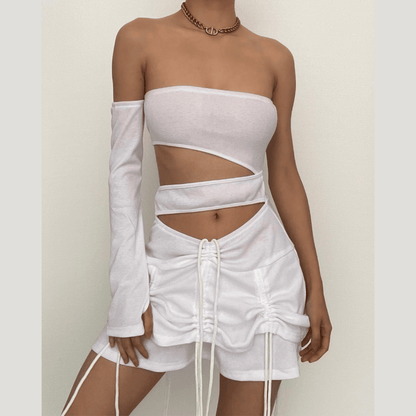 Off Shoulder Cutout Ruched Drawstring One Sleeve Mini Skirt Set