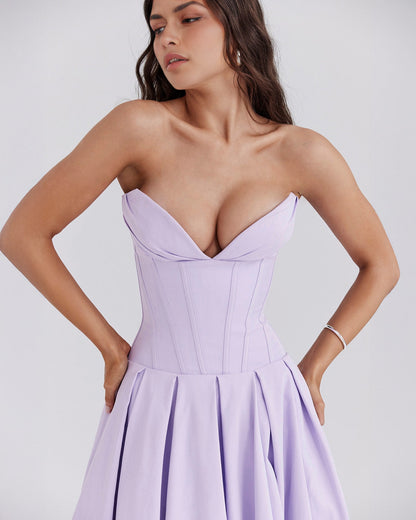 Strapless Corset Sweetheart Neckline Box Pleat A-Line Midi Dress