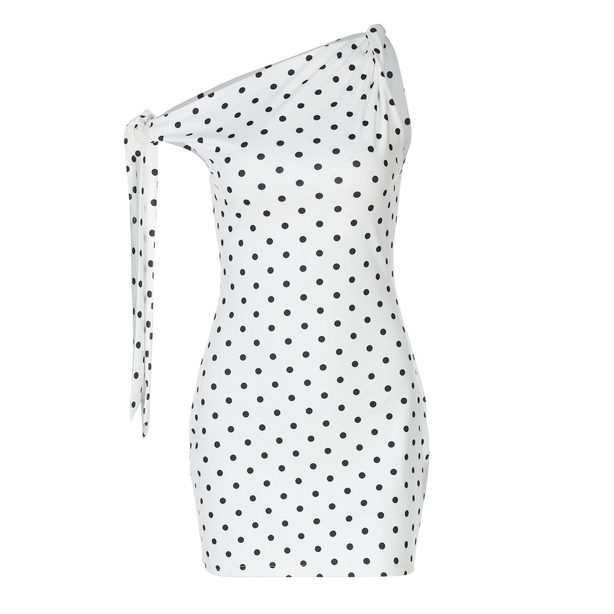 One Shoulder Tie Bow Sleeve Polka Dot Bodycon Mini Dress