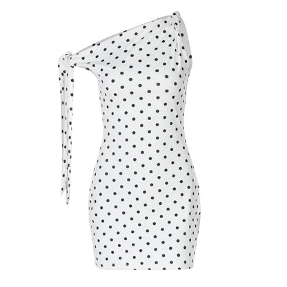 One Shoulder Tie Bow Sleeve Polka Dot Bodycon Mini Dress