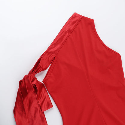 One Shoulder Bow Shoulder High Slit Column Maxi Gown