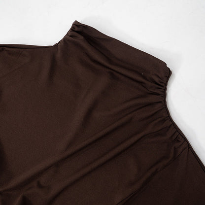 Mock Neck Long Sleeve Metal Cuff Ruched Drape Mini Dress