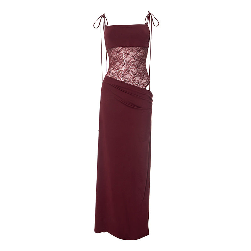 Spaghetti Strap Square Neck Lace Waist Panel Bodycon Maxi Dress