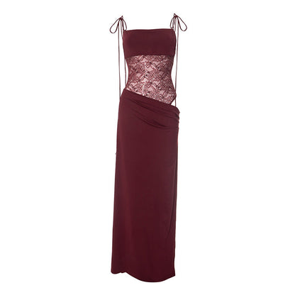 Spaghetti Strap Square Neck Lace Waist Panel Bodycon Maxi Dress