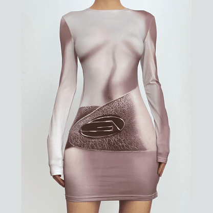 Crew Neck Long Sleeve Body Print Belt Illusion Bodycon Mini Dress