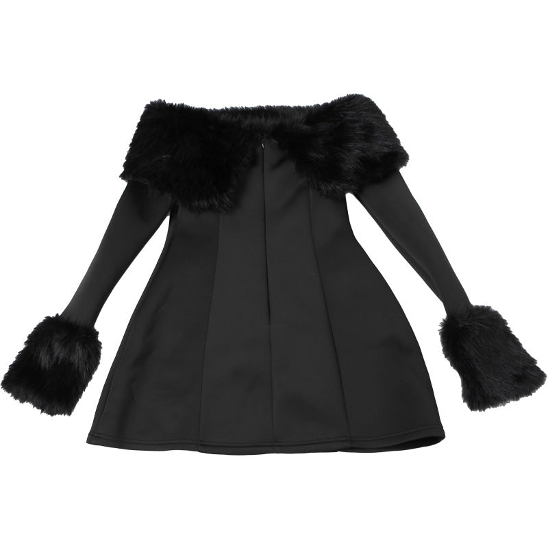 Off Shoulder Faux Fur Trim Long Sleeve A-Line Mini Dress