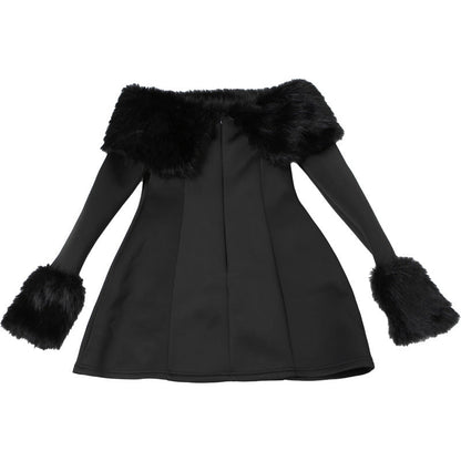 Off Shoulder Faux Fur Trim Long Sleeve A-Line Mini Dress