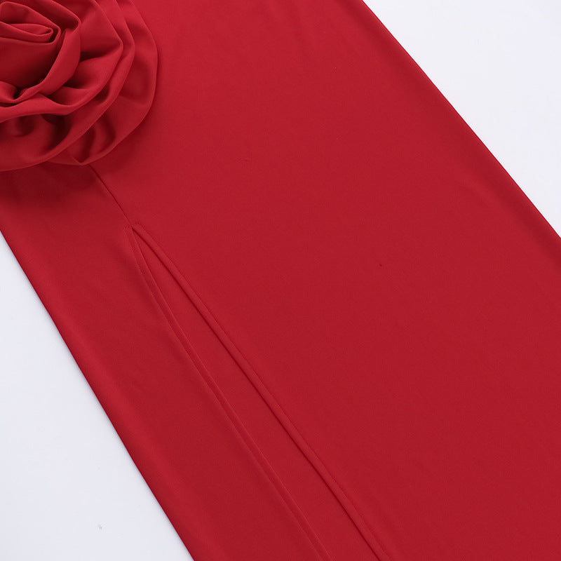Strapless Sweetheart Rosette Applique High Slit Column Maxi Dress