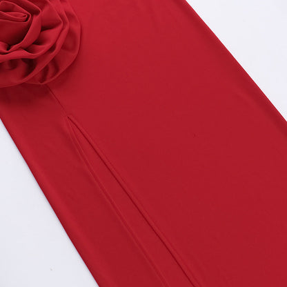 Strapless Sweetheart Rosette Applique High Slit Column Maxi Dress