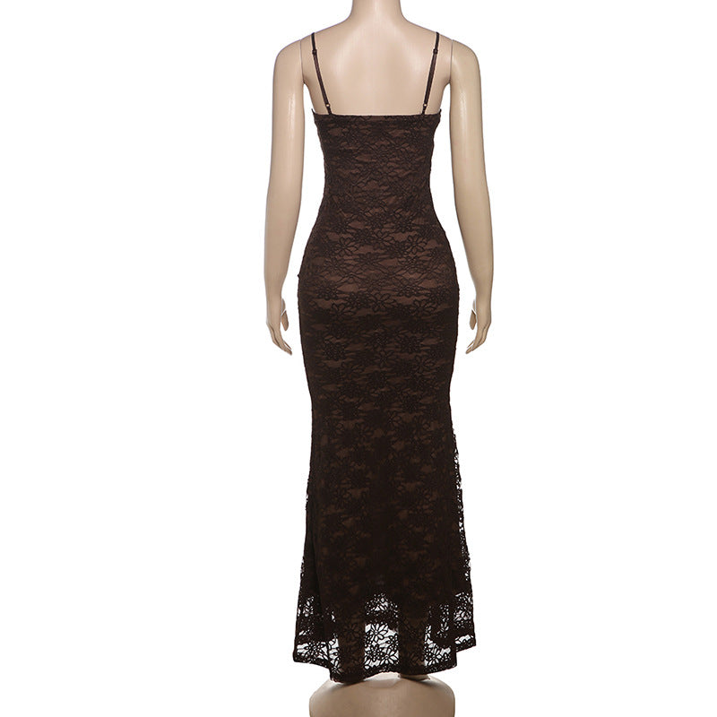 Sweetheart Lace Bustier Spaghetti Strap Mermaid Maxi Dress