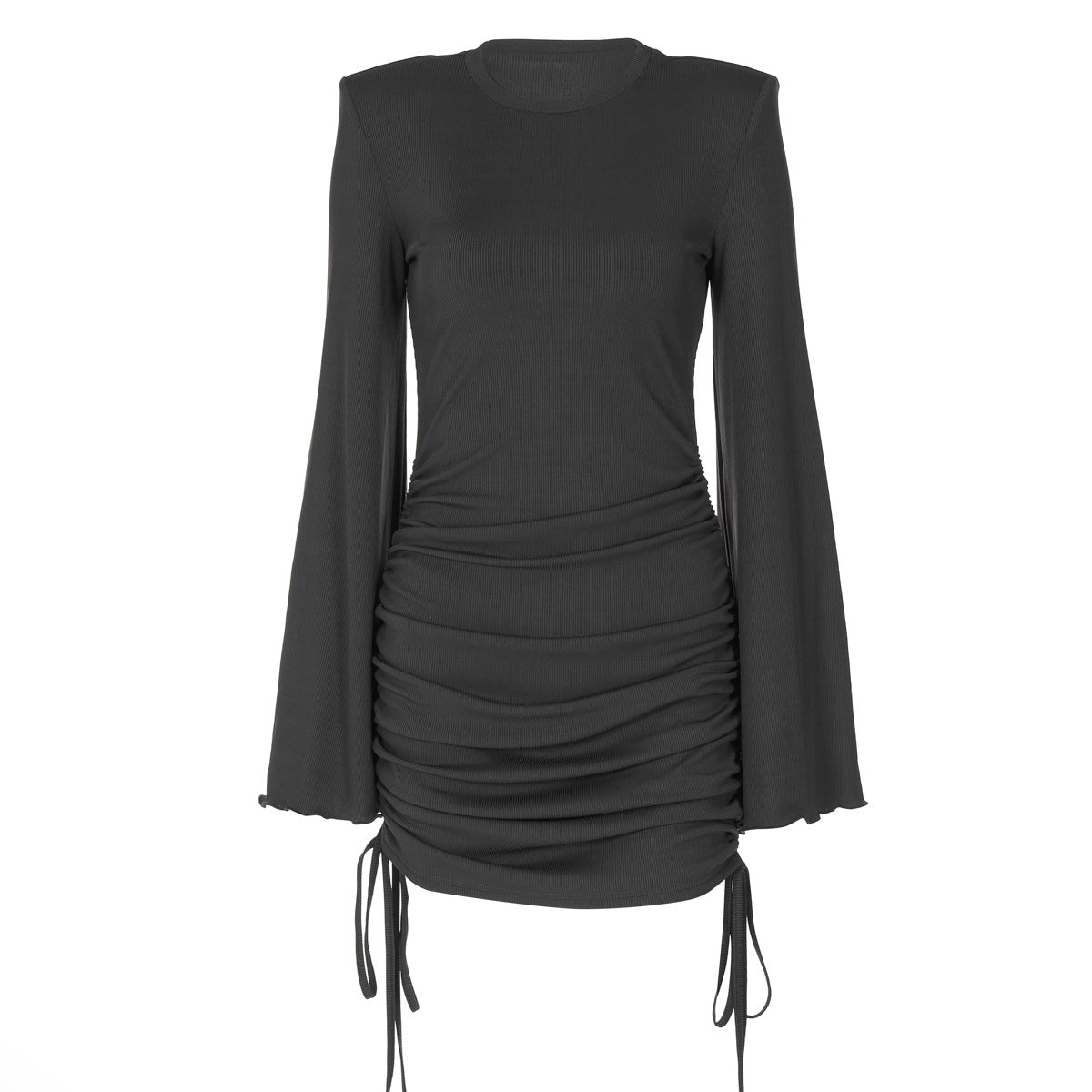 Crew Neck Bell Sleeve Side Ruched Drawstring Mini Dress