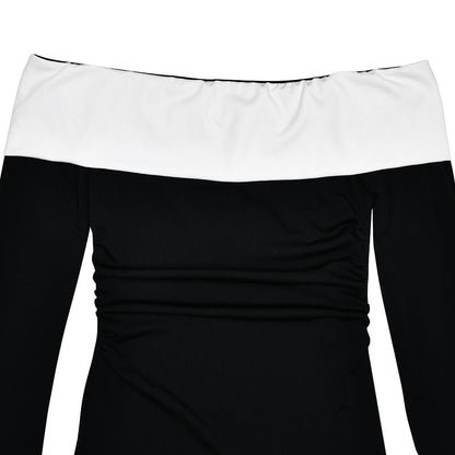 Off Shoulder Contrast Band Long Sleeve Mini Dress