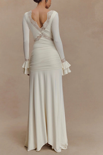 Lace Patchwork Flare Sleeve Tie-up Maxi Dress