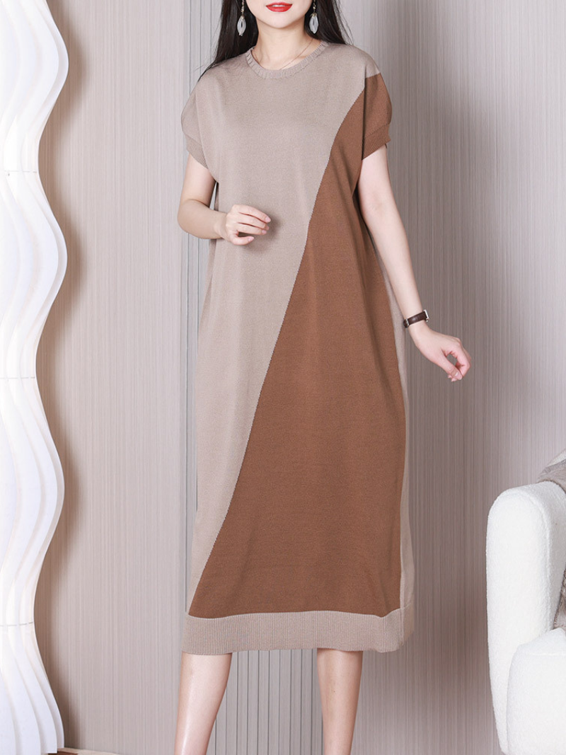 Crew Neck Short Sleeve Diagonal Color Block Knit Midi Dress