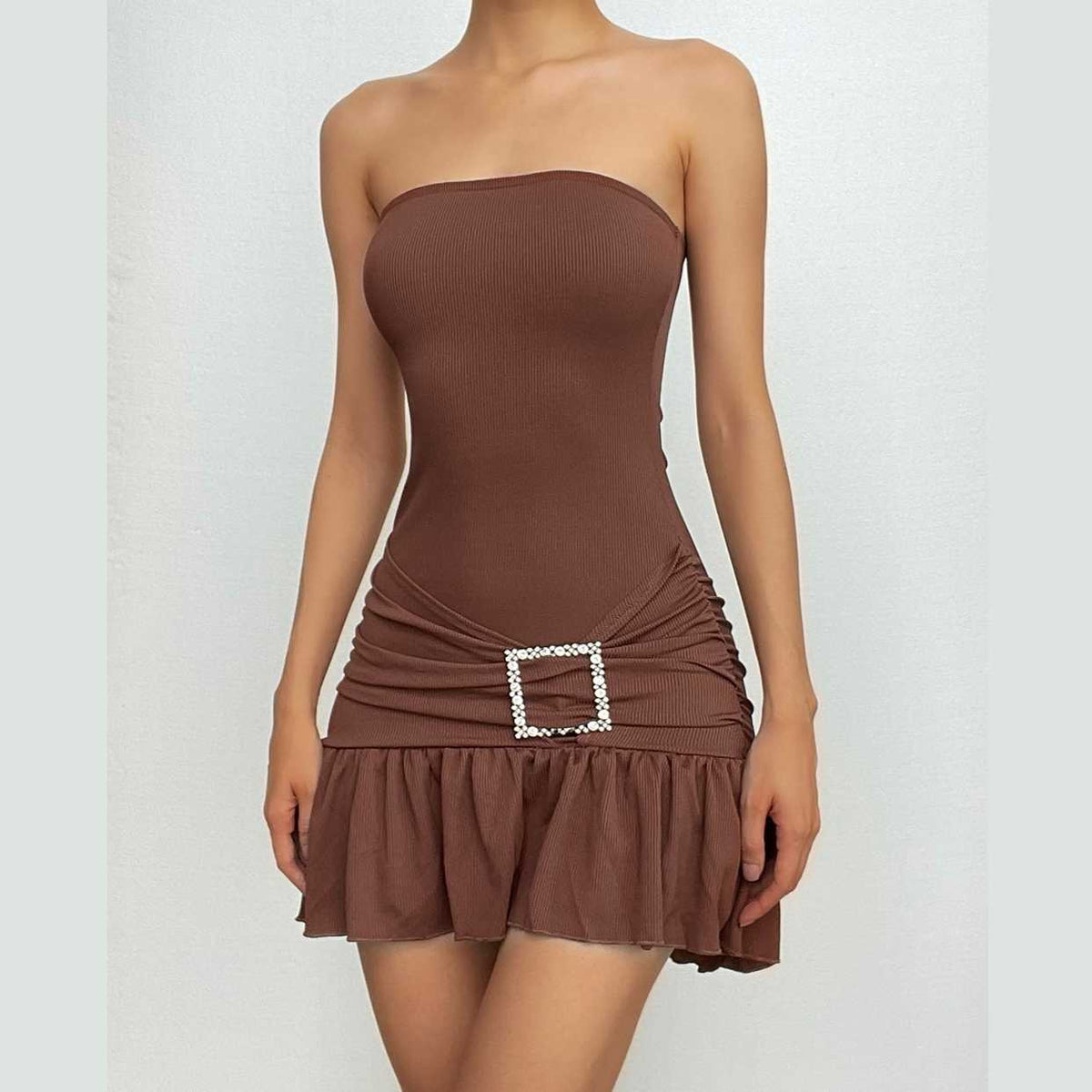 Rhinestone Buckle Ruched Rib Knit Ruffle Hem Tube Mini Dress