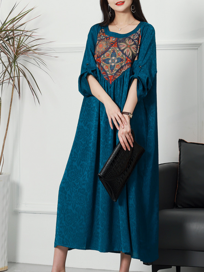 Scoop Neck Embroidered Medallion Roll Tab Sleeve Maxi Kaftan Dress