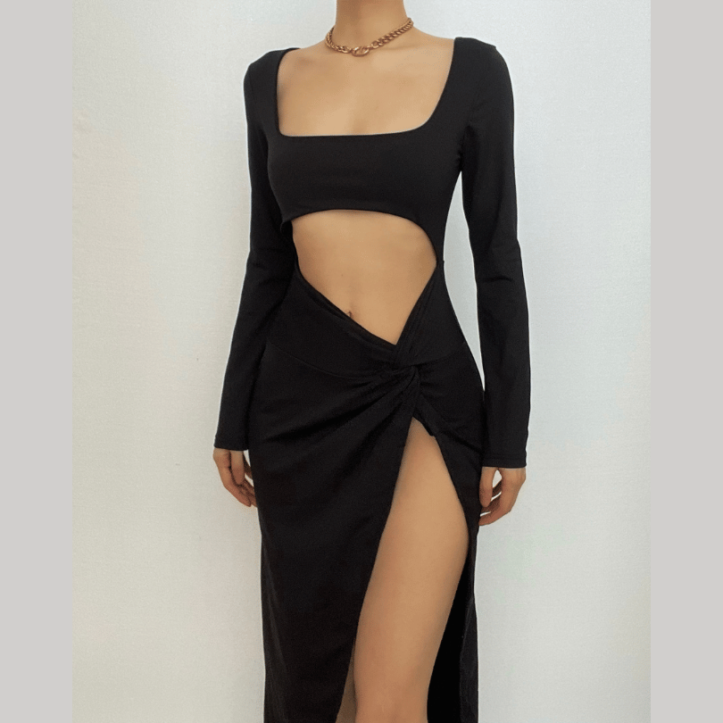 Square Neck Long Sleeve Diamond Cutout Ruched Waist Knotted Thigh Slit Midi Dress