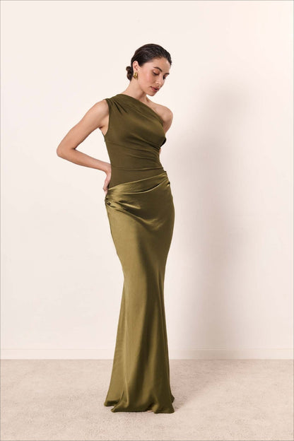 Solid Asymmetric Neckline Sleeveless Formal Dress