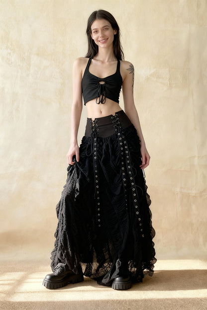 Lace Mesh Fairy Bow Long Skirt