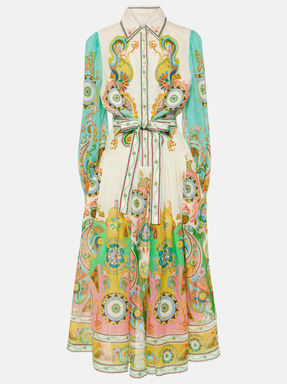 Ornamental Print Puff Sleeve Tie Waist Button Down Shirt Midi Dress
