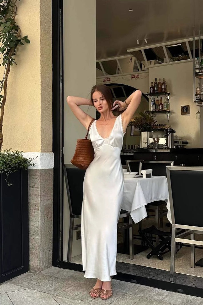 Lace Cutout White Halter V-Neck Mermaid Silk Dress