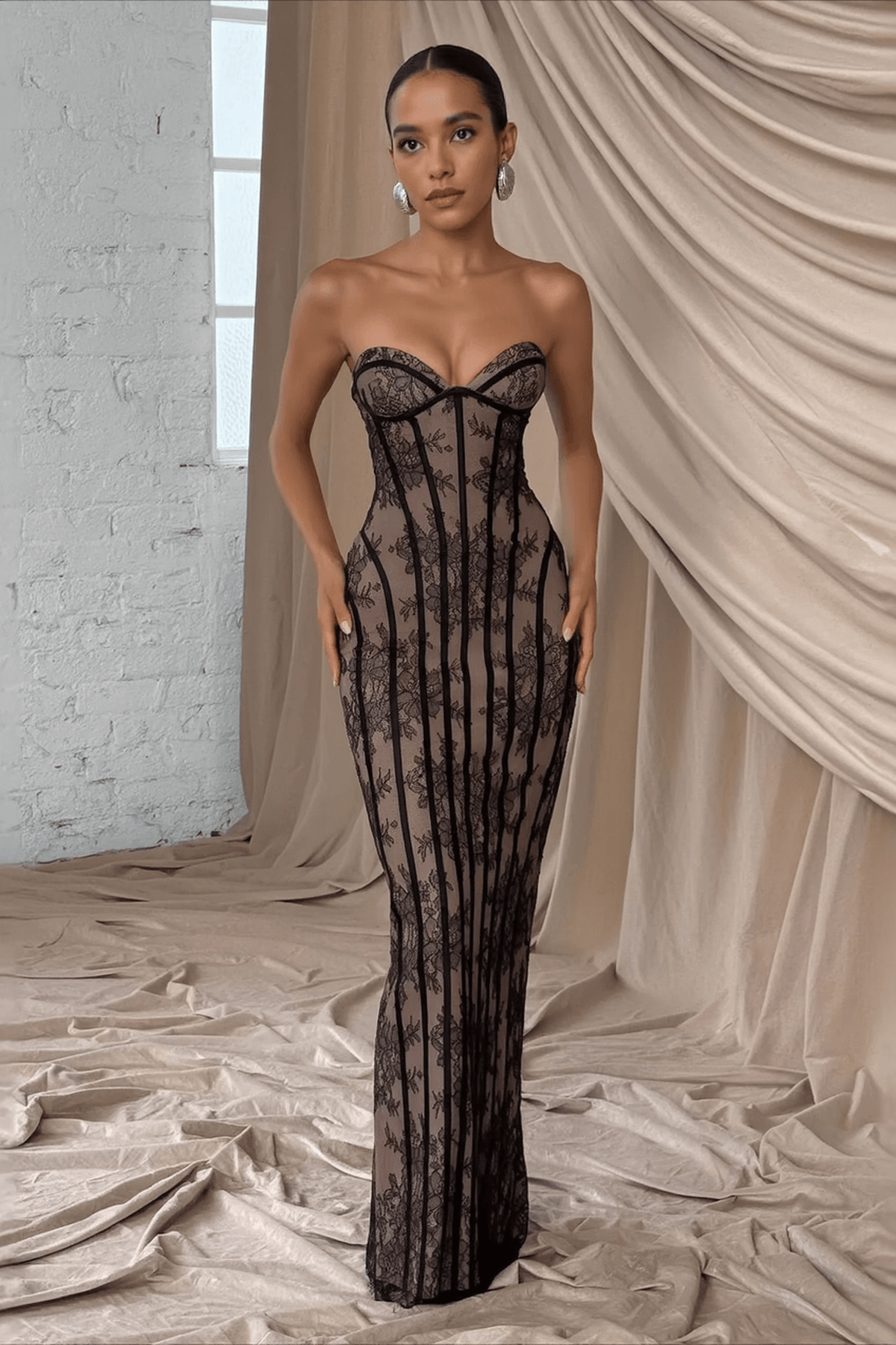 Strapless Sweetheart Corset Boned Floral Lace Piping Column Maxi Dress