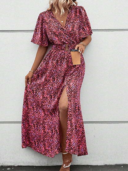Print Wrap V-Neck Flutter Sleeve Belted High-Slit Maxi Dress
