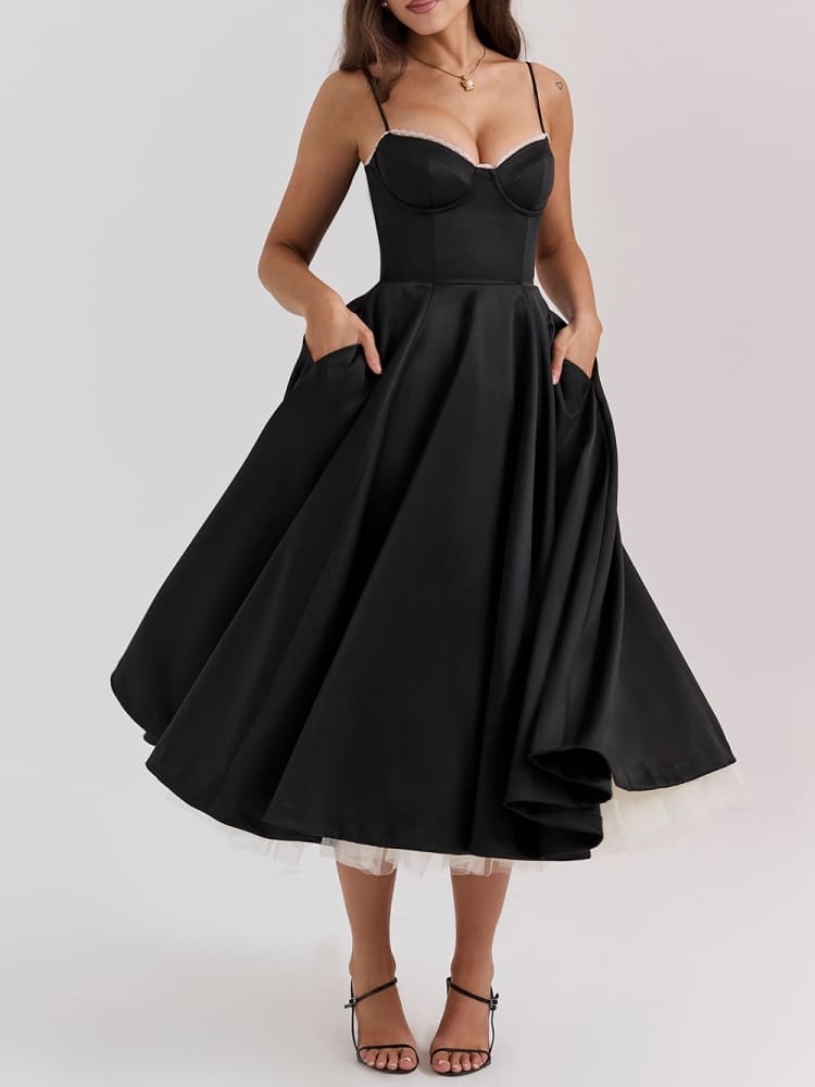 Sweetheart Lace Trim Bustier Tulle Hem Fit and Flare Midi Dress