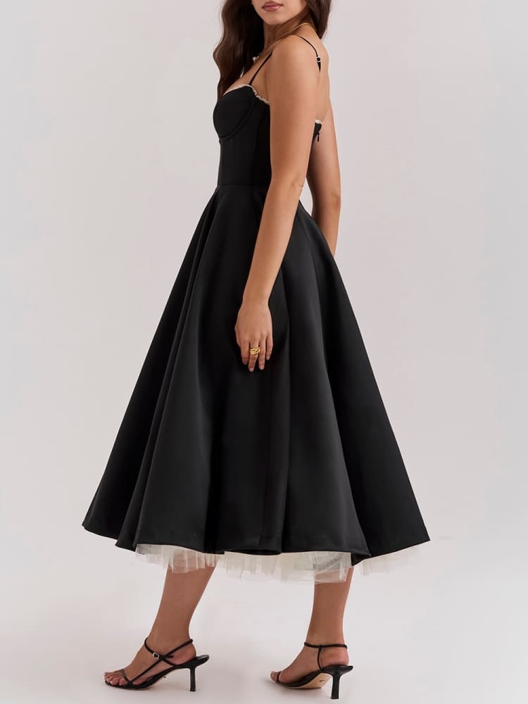 Sweetheart Lace Trim Bustier Tulle Hem Fit and Flare Midi Dress