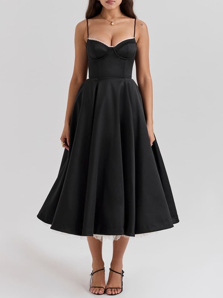 Sweetheart Lace Trim Bustier Tulle Hem Fit and Flare Midi Dress