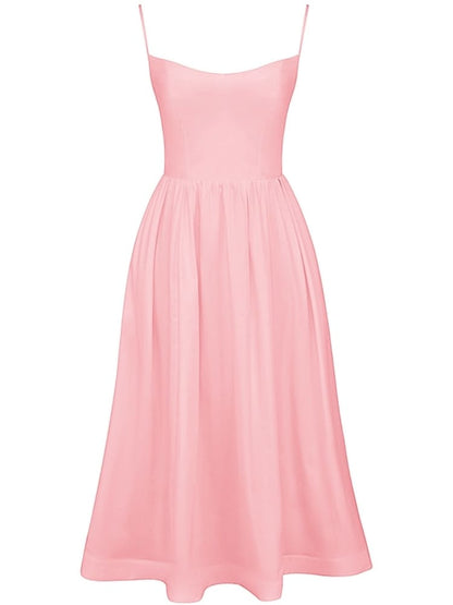 Spaghetti Strap Scoop Neck Gathered Flared Midi Dress
