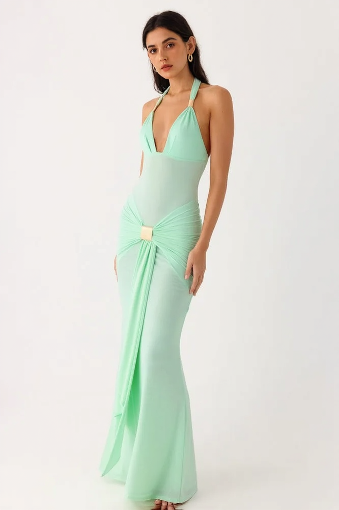 Hardware Halter Plunging V Buckle Accent Bodycon Maxi Dress