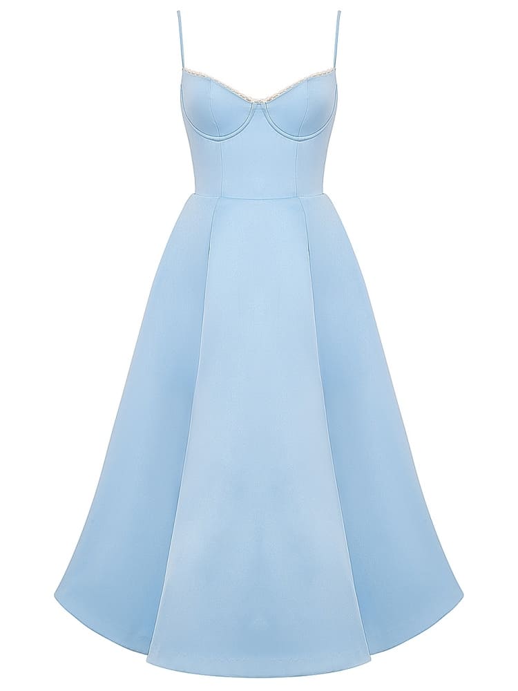 Sweetheart Lace Trim Bustier Spaghetti Strap Tulle Hem Midi Dress