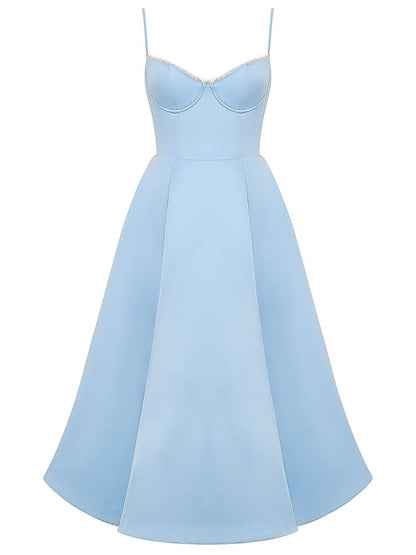 Sweetheart Lace Trim Bustier Spaghetti Strap Tulle Hem Midi Dress