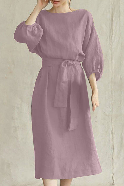 Boat Neck Lantern Sleeve Tie Waist Midi Dress
