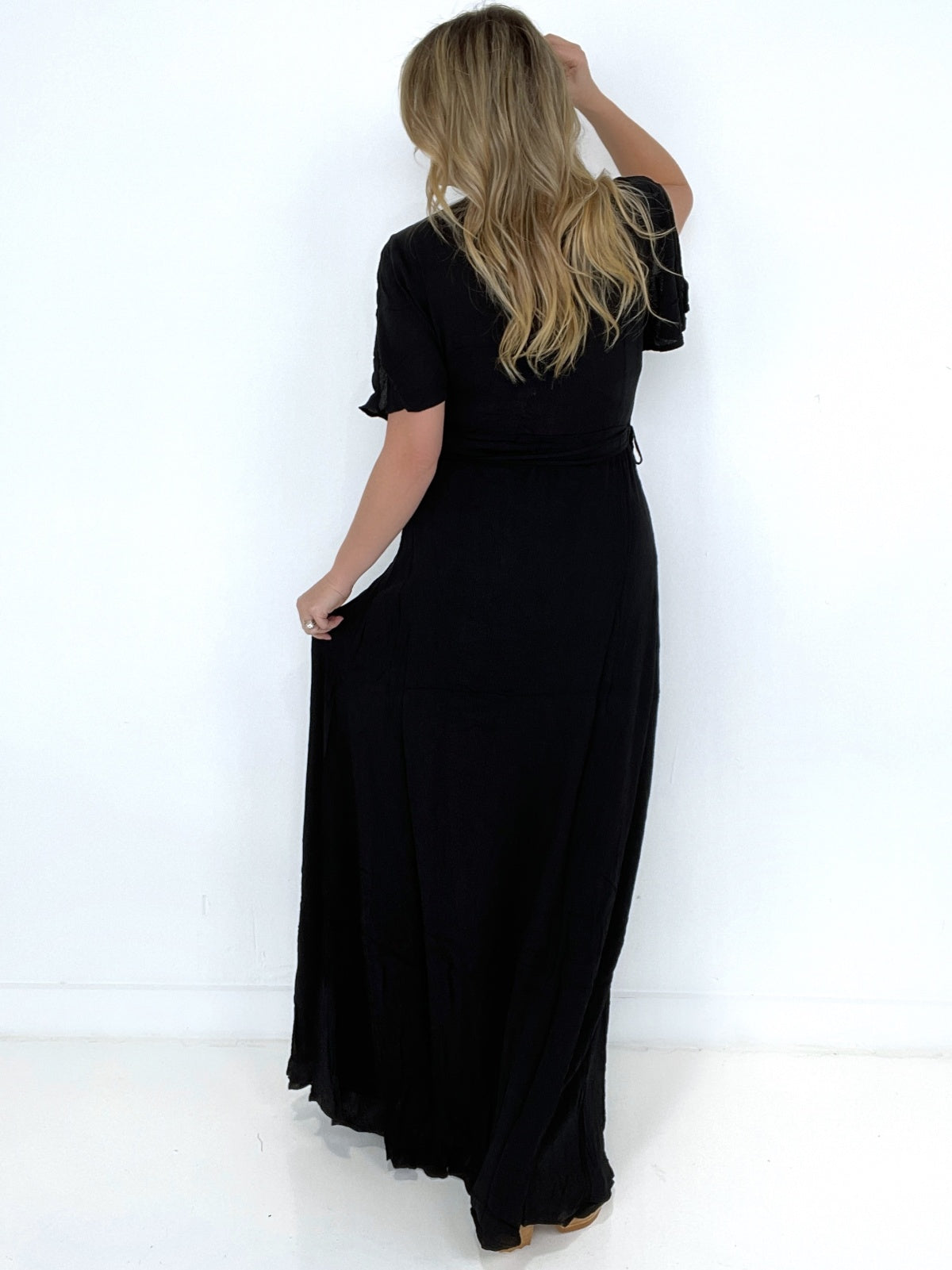 V Neck Flutter Sleeve Slit Arm Tie Side Wrap Gauze Maxi Dress