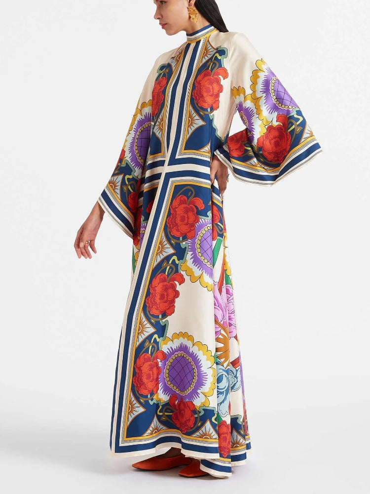 Abstract Brushstroke Print Deep V Lantern Sleeve Maxi Dress