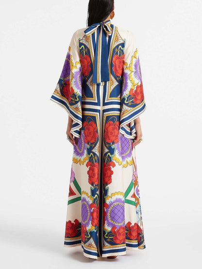 Abstract Brushstroke Print Deep V Lantern Sleeve Maxi Dress